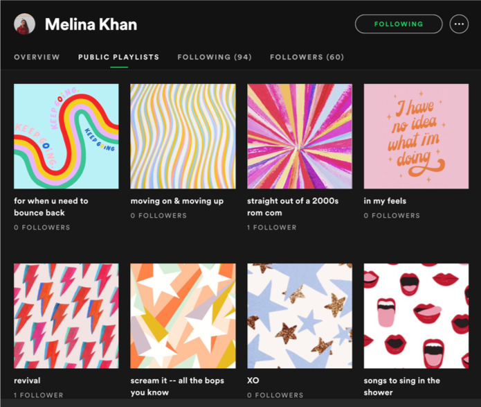 Melina Khan has chosen to use the theme-oriented playlist cover approach. 
